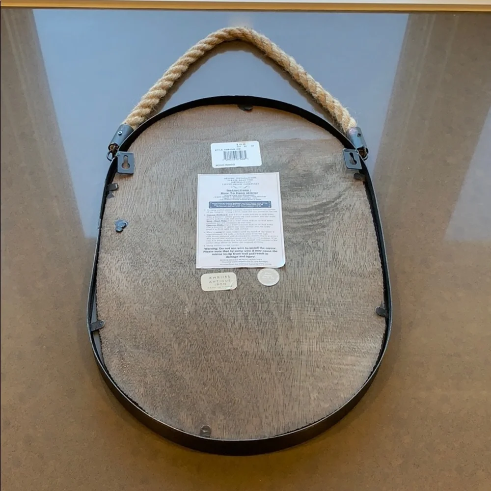 Oval Black Wall Mirror with Natural Rope Hanger